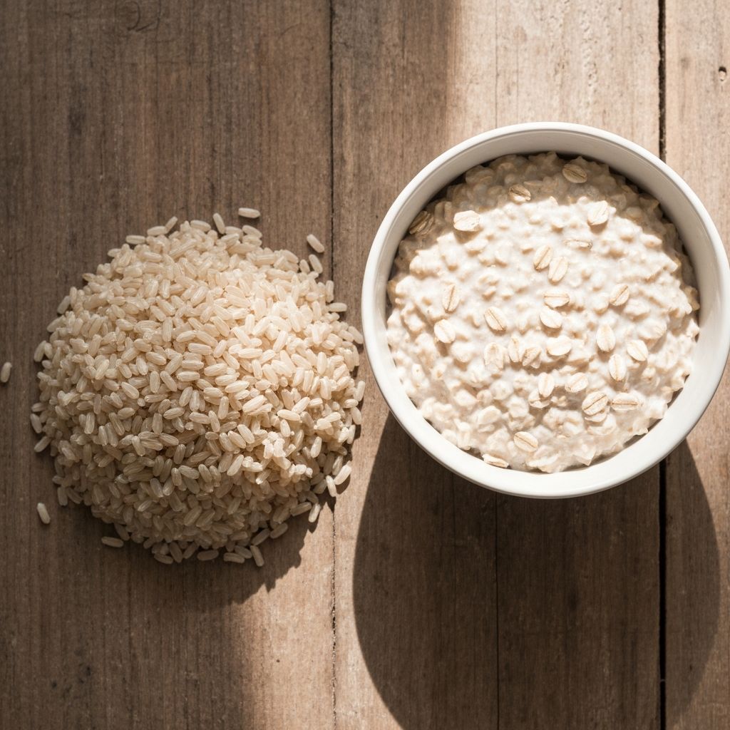 Brown rice and oatmeal on wooden surface
