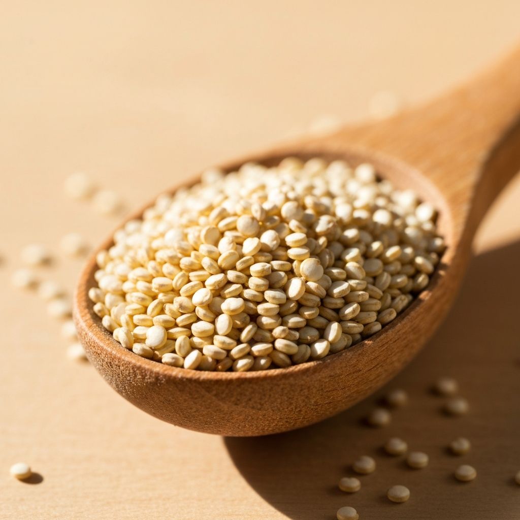 Quinoa grains in wooden spoon