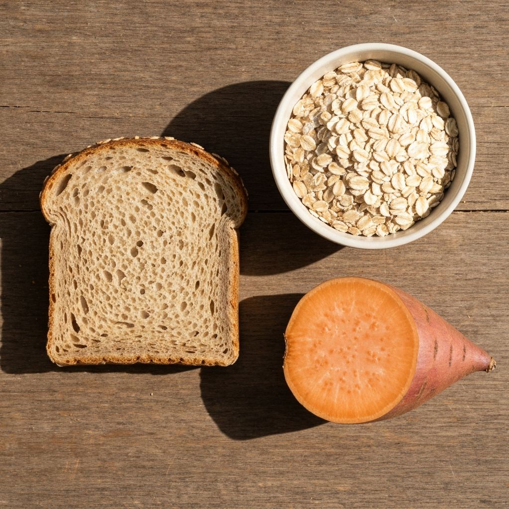 Wholegrain bread, oats and sweet potato on wooden surface